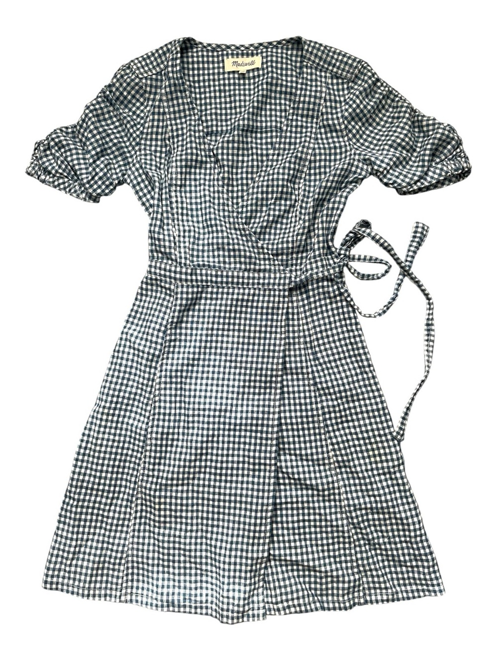 Madewell blue and white gingham plaid linen blend wrap mini dress